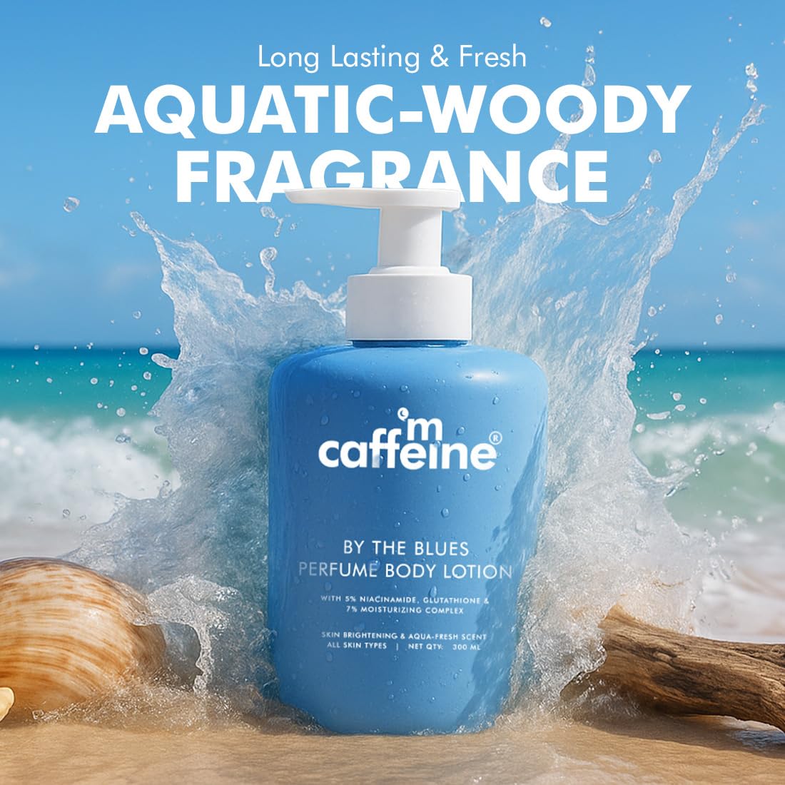 mCaffeine By The Blues Perfume Body Lotion 200ml | 5% Niacinamide & Glutathione for Brightening & Detan | Aquatic-Woody Fragr