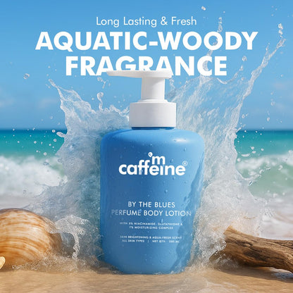 mCaffeine By The Blues Perfume Body Lotion 200ml | 5% Niacinamide & Glutathione for Brightening & Detan | Aquatic-Woody Fragr
