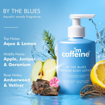 mCaffeine By The Blues Perfume Body Lotion 200ml | 5% Niacinamide & Glutathione for Brightening & Detan | Aquatic-Woody Fragr