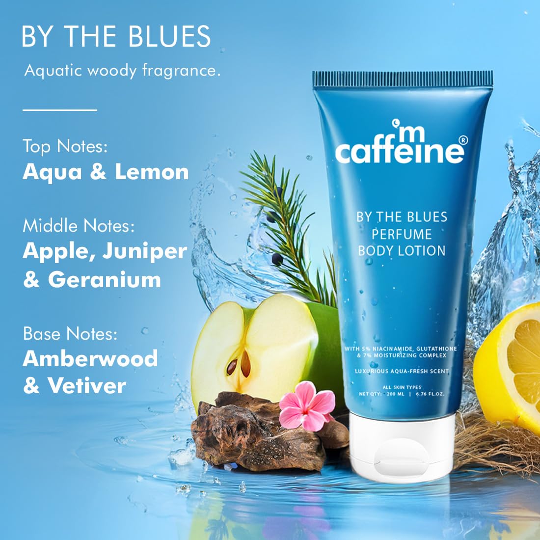 mCaffeine By The Blues Perfume Body Lotion 200ml | 5% Niacinamide & Glutathione for Brightening & Detan | Aquatic-Woody Fragr
