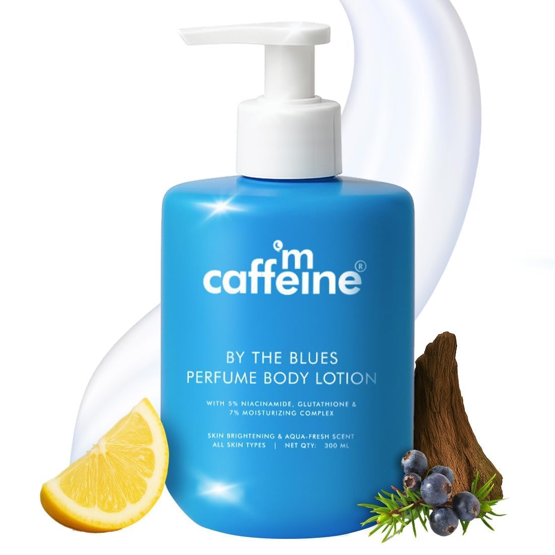 mCaffeine By The Blues Perfume Body Lotion 200ml | 5% Niacinamide & Glutathione for Brightening & Detan | Aquatic-Woody Fragr