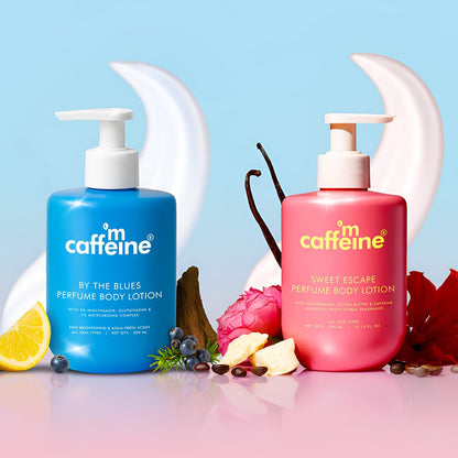 mcaffeine By the Blues & Sweet Escape Perfume Body Lotion Duo, 300mlx2, with Niacinamide, Cocoa & Shea Butter, Unisex - front