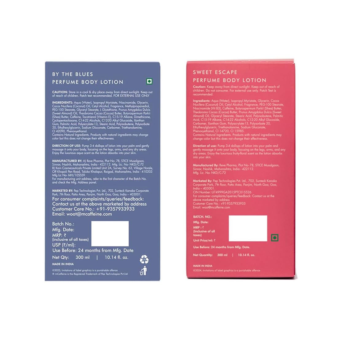 mcaffeine By the Blues & Sweet Escape Perfume Body Lotion Duo, 300mlx2, with Niacinamide, Cocoa & Shea Butter, Unisex - size
