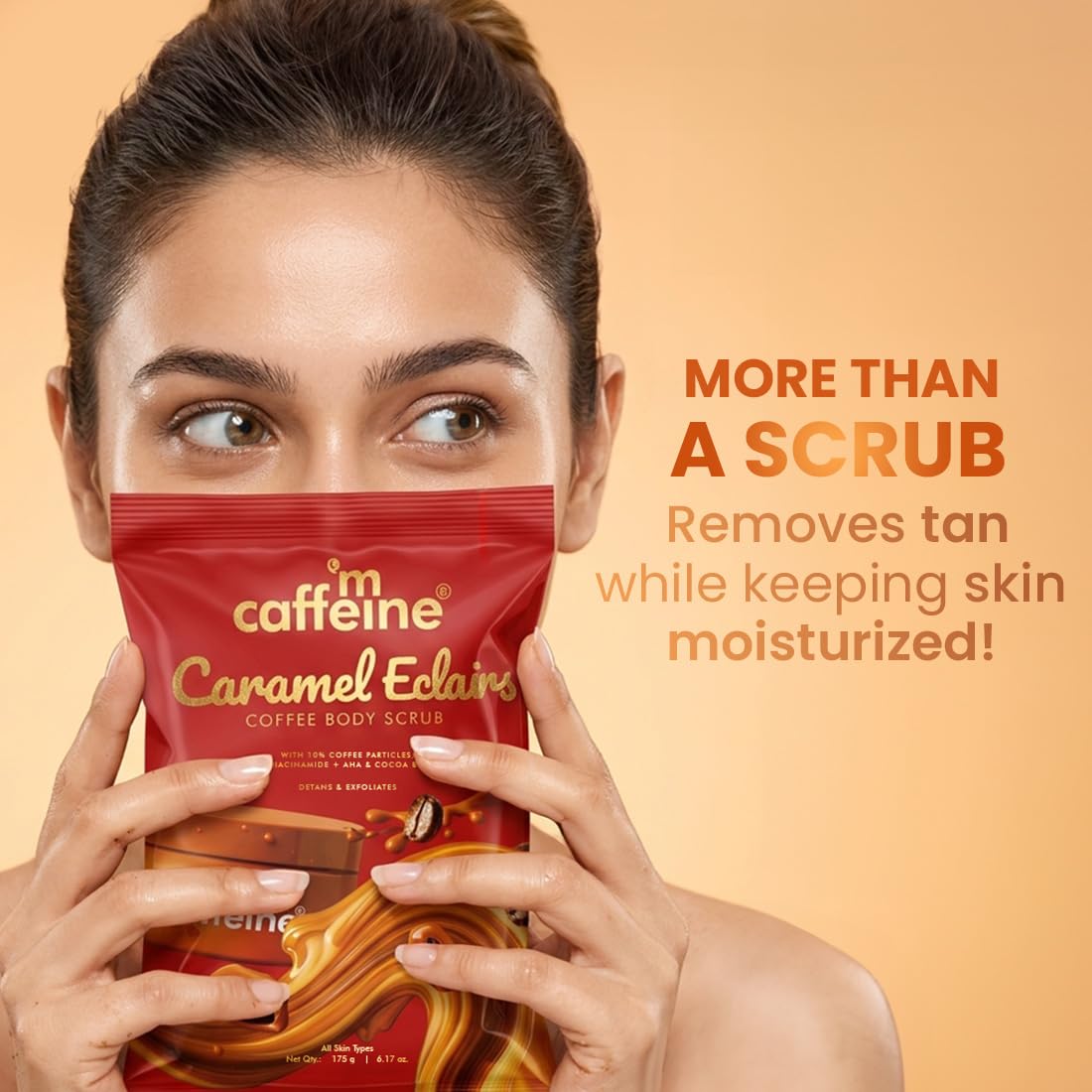 mCaffeine Caramel Eclairs Coffee Body Scrub, 175g, Unisex, PETA Certified, Paraben & SLS Free - front view