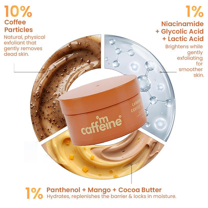 mCaffeine Caramel Eclairs Coffee Body Scrub, 175g, Unisex, PETA Certified, Paraben & SLS Free - packaging