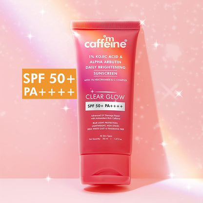mcaffeine CLEAR GLOW 1% Kojic Acid Alpha Arbutin Sunscreen SPF 50 PA++++, 50ml, Fragrance-Free - front view