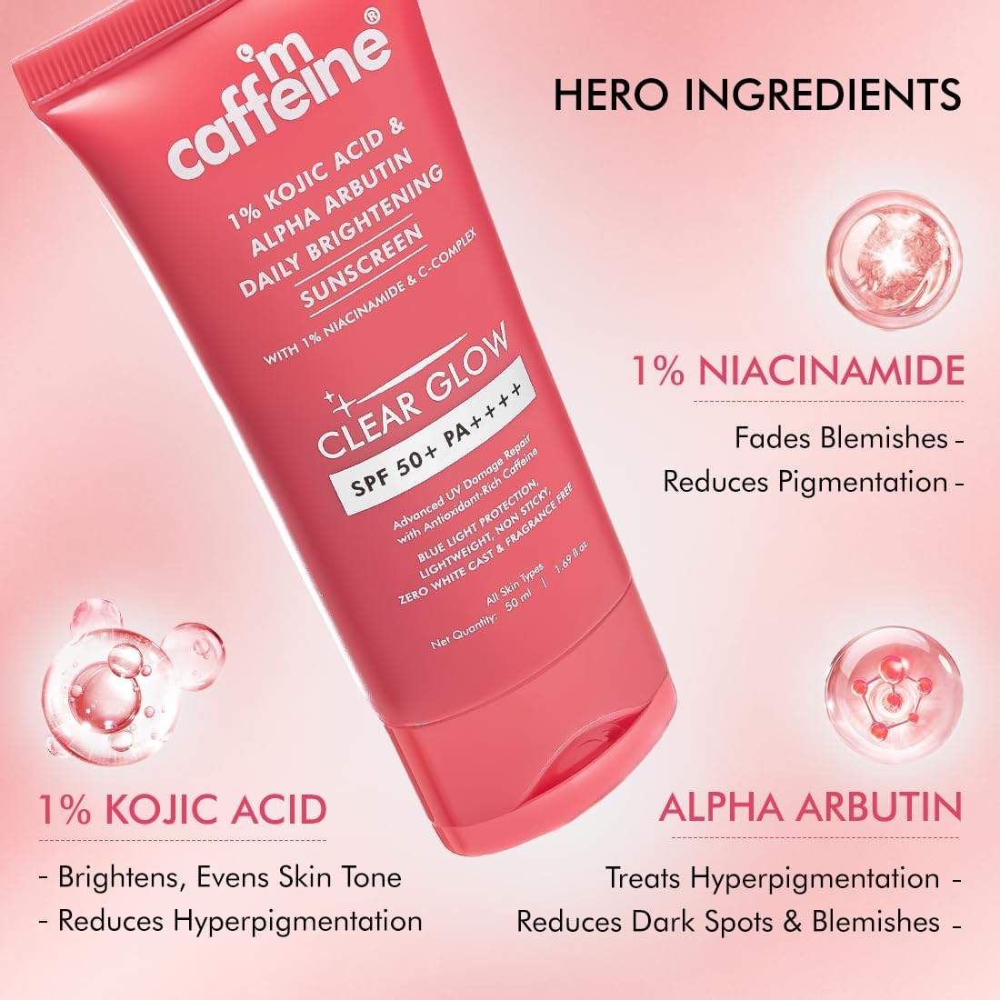 mcaffeine CLEAR GLOW 1% Kojic Acid Alpha Arbutin Sunscreen SPF 50 PA++++, 50ml, Fragrance-Free - label detail