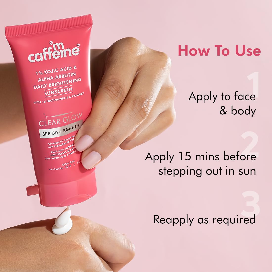 mcaffeine CLEAR GLOW 1% Kojic Acid Alpha Arbutin Sunscreen SPF 50 PA++++, 50ml, Fragrance-Free - size and scale