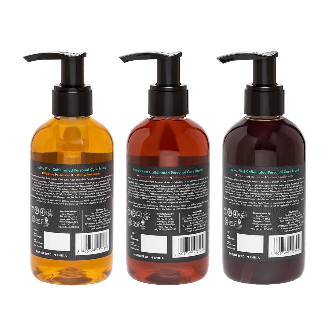mcaffeine Coffee Body Wash Combo, 3-Pack 600ml, Berry Almond Cocoa Scents, Unisex Adult, Vegan, PETA Certified - ingredients