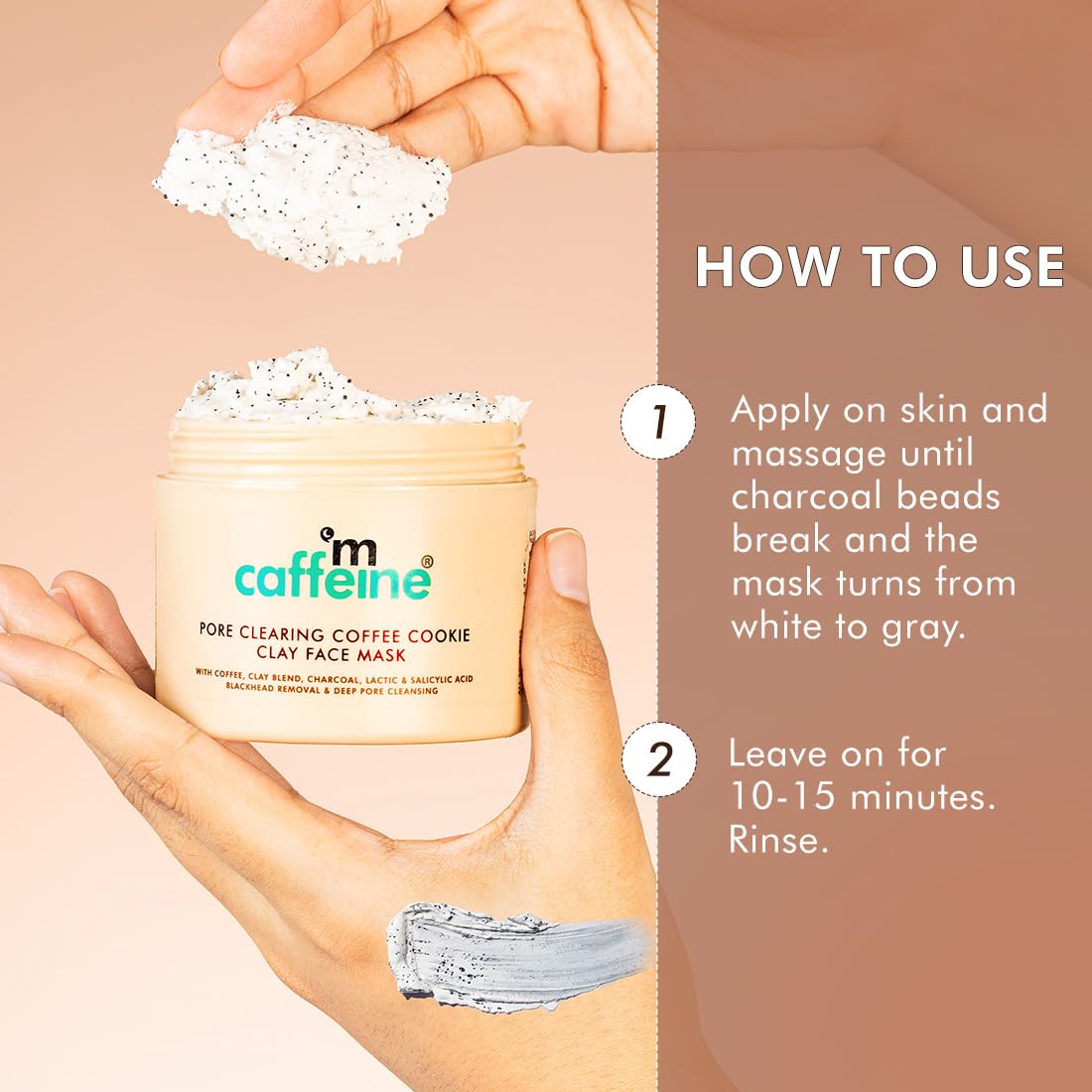 mcaffeine Coffee Charcoal Clay Face Mask, 9% AHA BHA, 3% Charcoal Beads, All Skin Types - in use