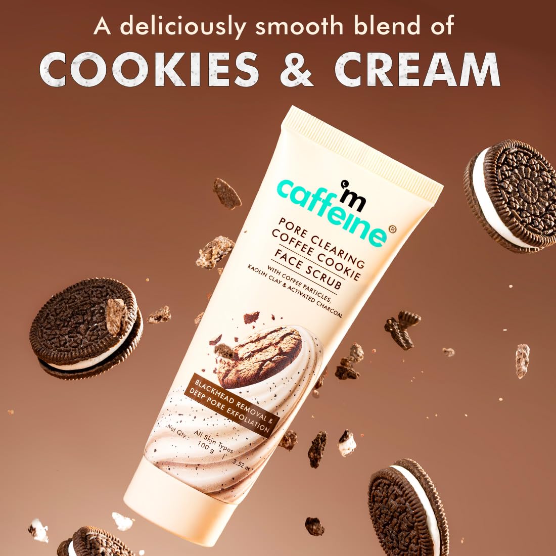 mcaffeine Coffee & Cookie Face Scrub with Walnut, Charcoal & Clay, 100g, Unisex, PETA Certified - label detail