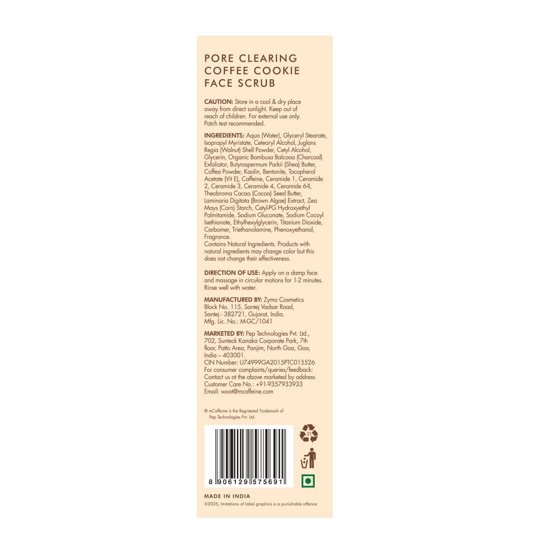 mcaffeine Coffee & Cookie Face Scrub with Walnut, Charcoal & Clay, 100g, Unisex, PETA Certified - size and scale