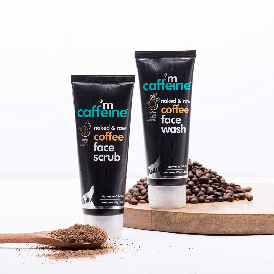 mcaffeine Coffee Face Wash & Scrub Combo, 2x100ml each, SLS-Free, Paraben-Free, Vegan, PETA Certified, Unisex - front view