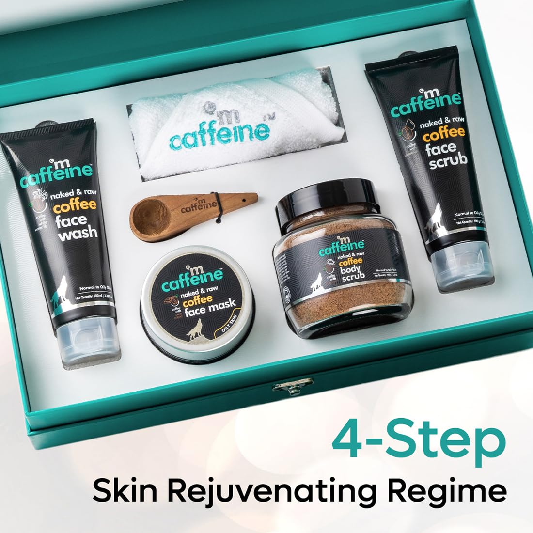 mcaffeine Coffee Skincare Gift Set, Unisex, 5-Piece Kit, Teal Packaging, Made in India - front view