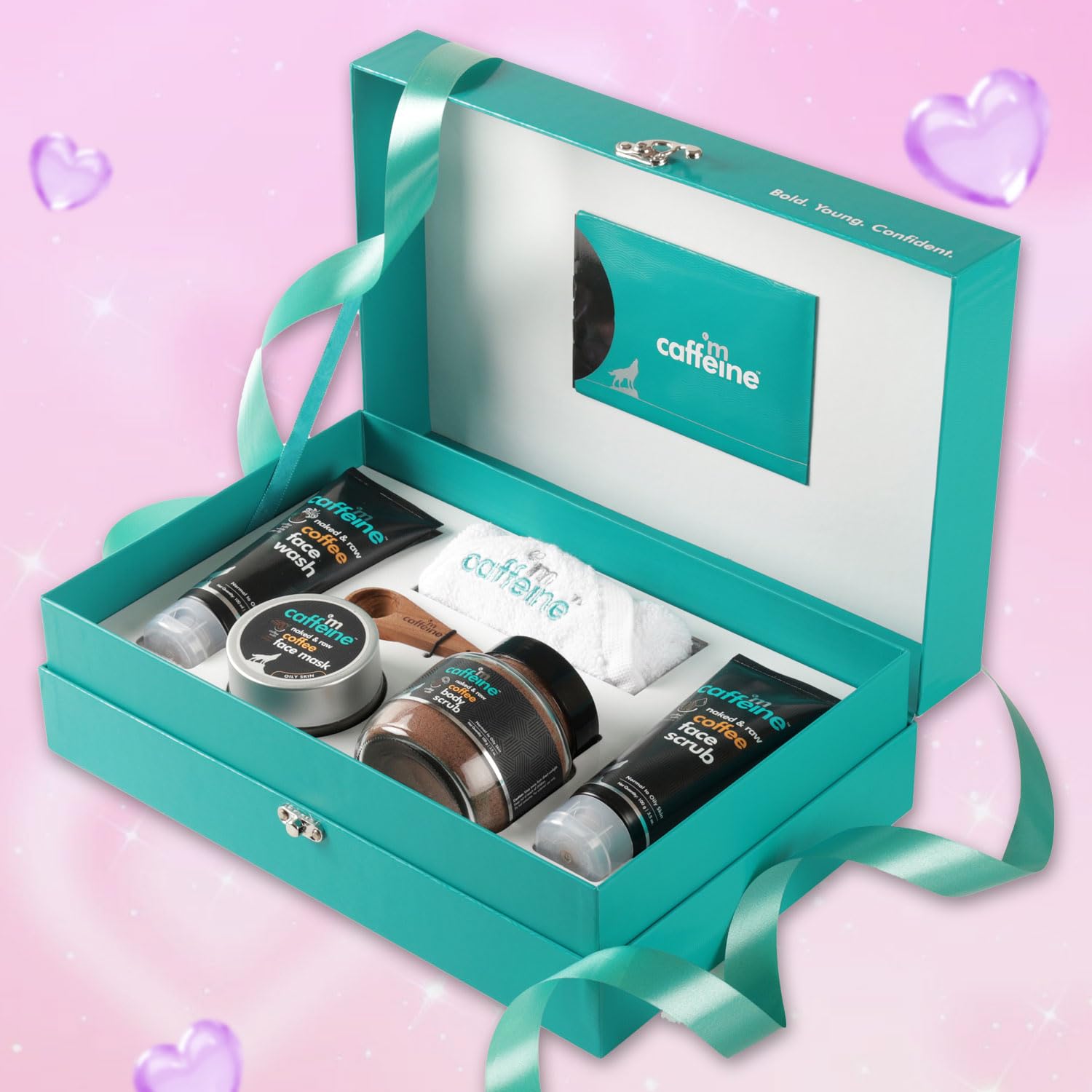 mcaffeine Coffee Skincare Gift Set, Unisex, 5-Piece Kit, Teal Packaging, Made in India - label detail
