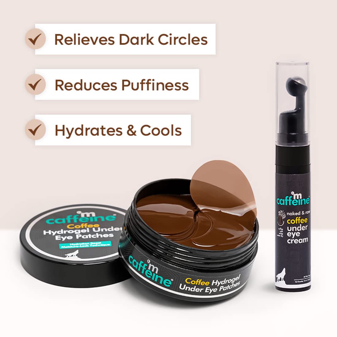 mcaffeine Coffee Under Eye Cream and Hydrogel Patches Combo, Arabica, Vegan, PETA Certified - packaging