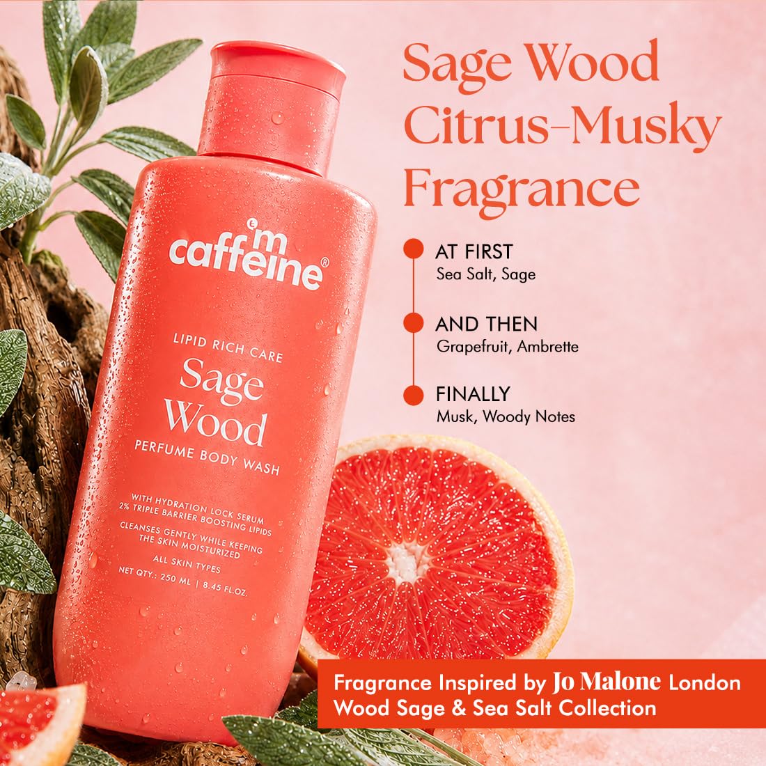 mCaffeine Deep Nourishing Milky Body Wash, 250ml, Sage Wood-Citrus Musky Fragrance, Clinically Tested - label detail