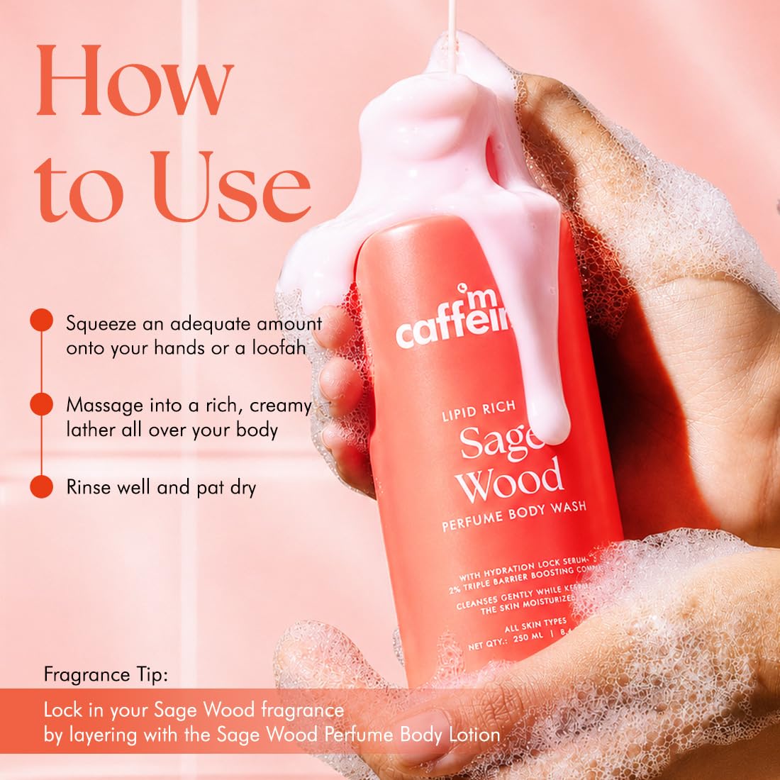 mCaffeine Deep Nourishing Milky Body Wash, 250ml, Sage Wood-Citrus Musky Fragrance, Clinically Tested - in use