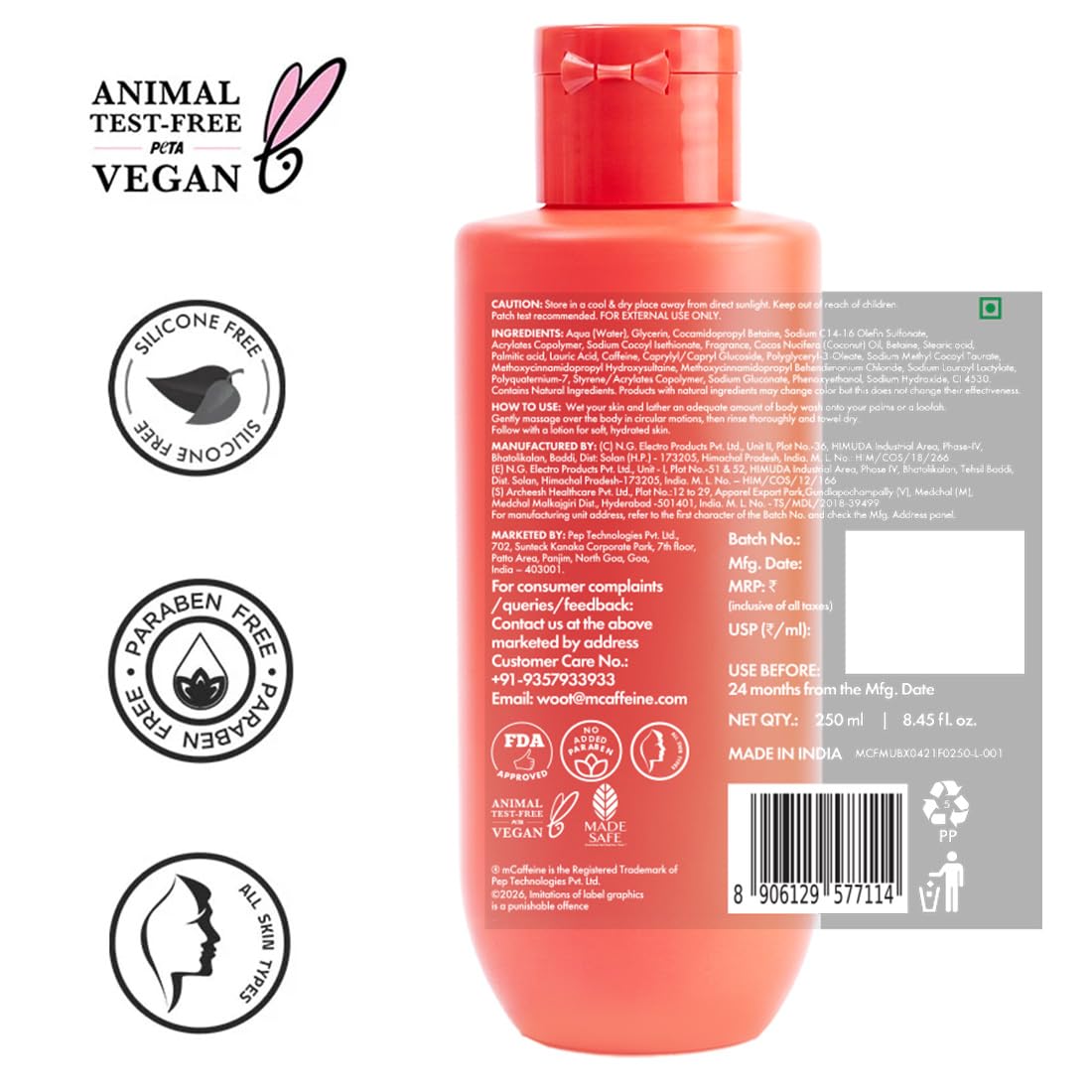 mCaffeine Deep Nourishing Milky Body Wash, 250ml, Sage Wood-Citrus Musky Fragrance, Clinically Tested - size and scale