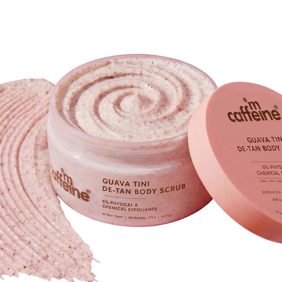 mCaffeine Dual Action Guava De-Tan Body Scrub with 5% Natural & Chemical Exfoliants | Glycolic, Lactic & Salicylic Acid | Red