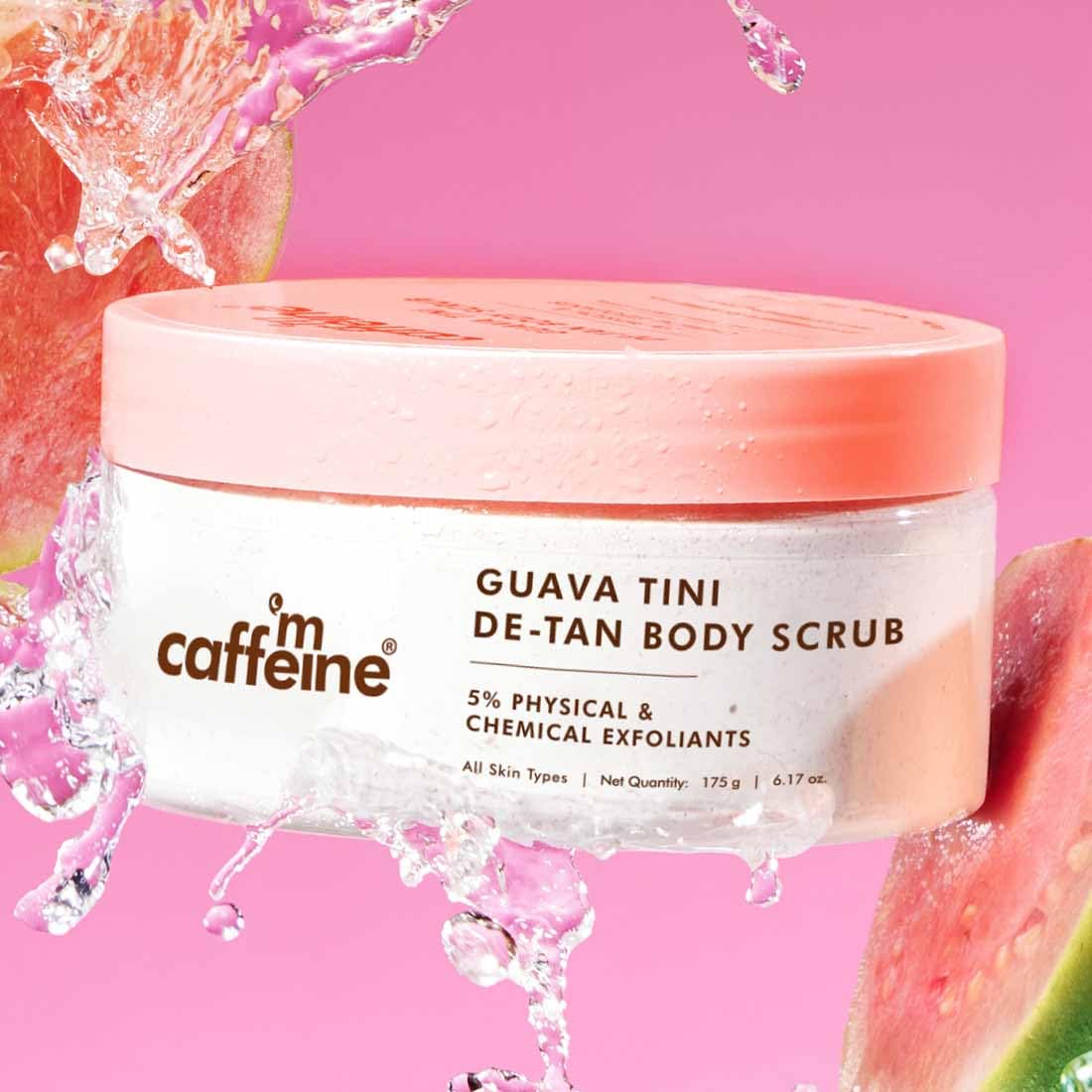 mCaffeine Dual Action Guava De-Tan Body Scrub with 5% Natural & Chemical Exfoliants | Glycolic, Lactic & Salicylic Acid | Red