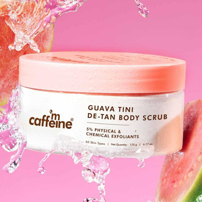 mCaffeine Dual Action Guava De-Tan Body Scrub with 5% Natural & Chemical Exfoliants | Glycolic, Lactic & Salicylic Acid | Red