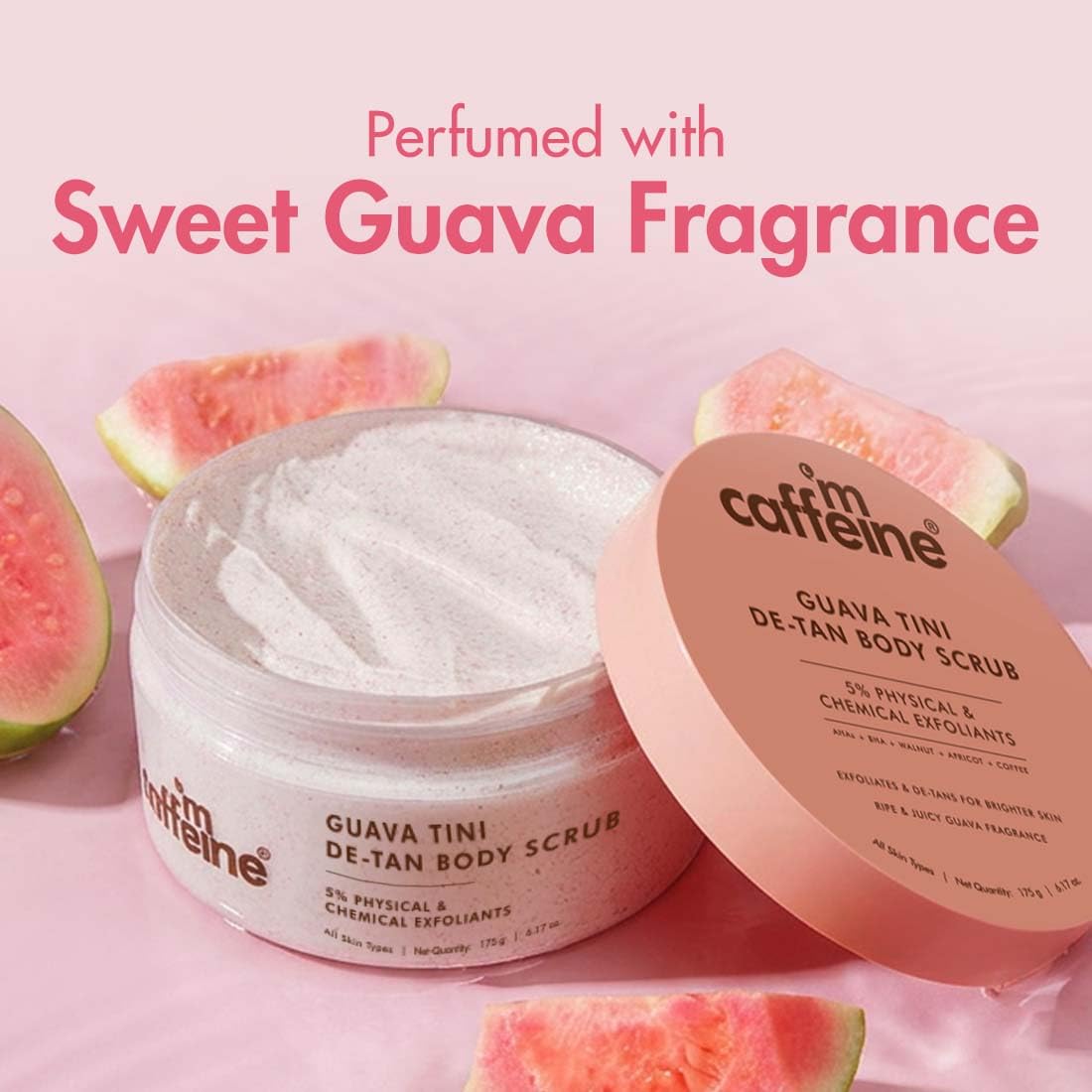 mCaffeine Dual Action Guava De-Tan Body Scrub with 5% Natural & Chemical Exfoliants | Glycolic, Lactic & Salicylic Acid | Red