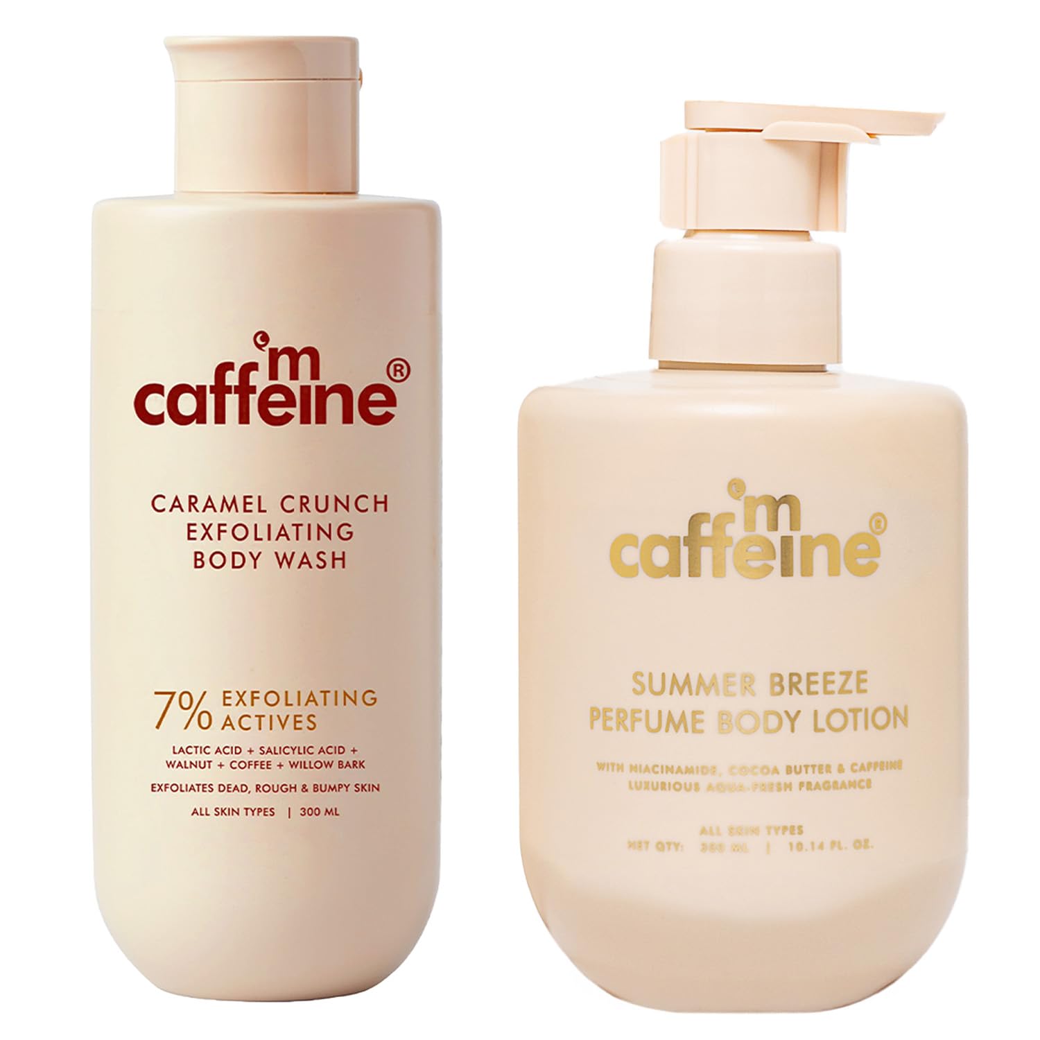 mcaffeine Exfoliating Body Wash & Summer Fresh Lotion Duo, 300ml Each, Caramel & Summer Breeze Scent, Adult Bath Kit