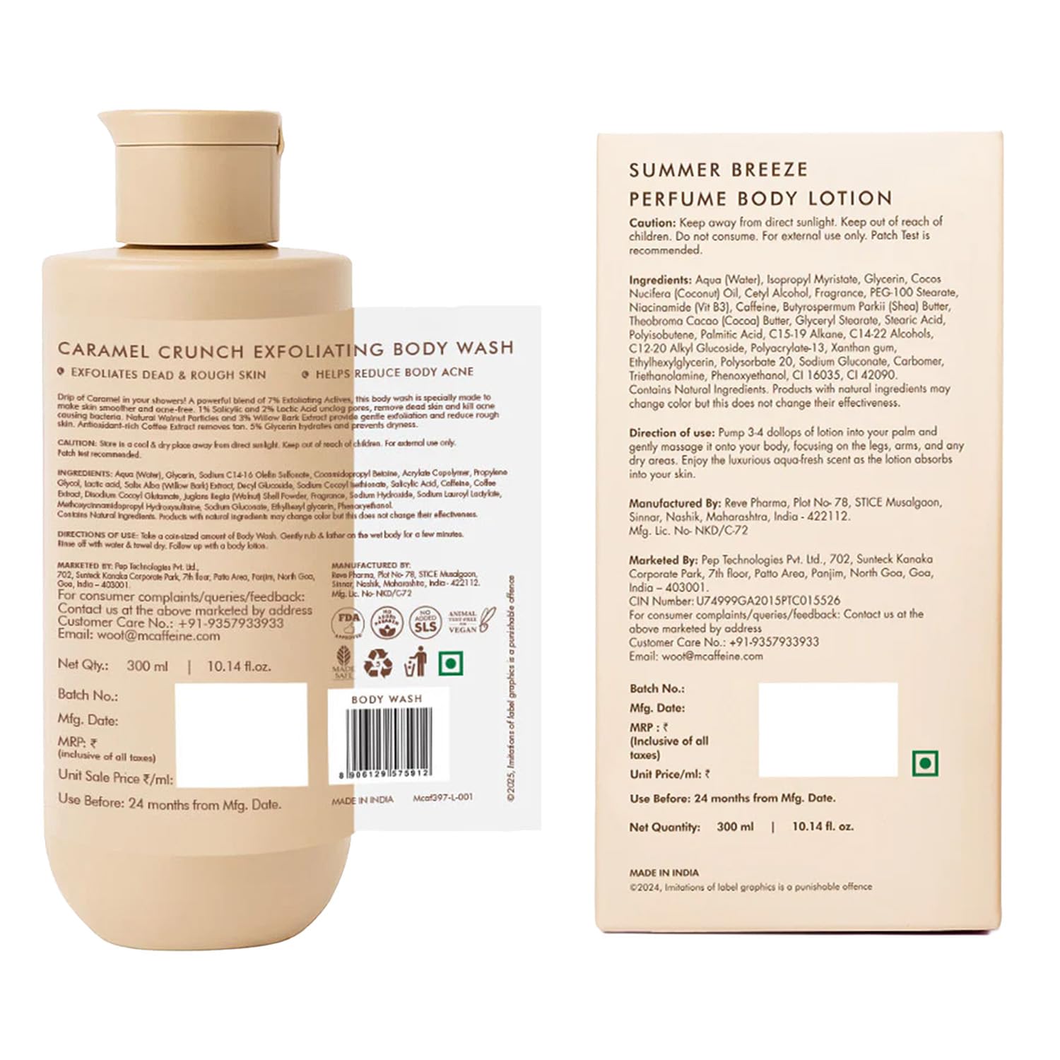 mcaffeine Exfoliating Body Wash & Summer Fresh Lotion Duo, 300ml Each, Caramel & Summer Breeze Scent, Adult Bath Kit - size a