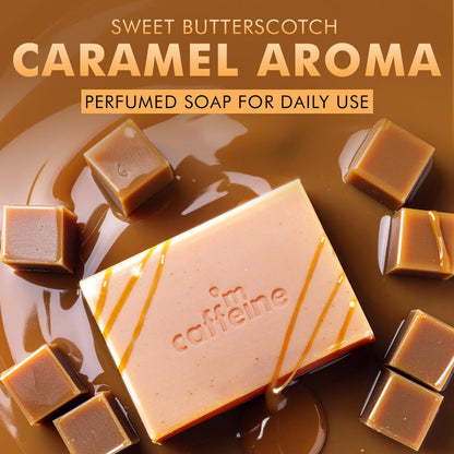 mcaffeine Exfoliating Soap with 1% Salicylic & Lactic Acid, 3x100g Pack, Caramel Butterscotch Fragrance, Unisex - label detai