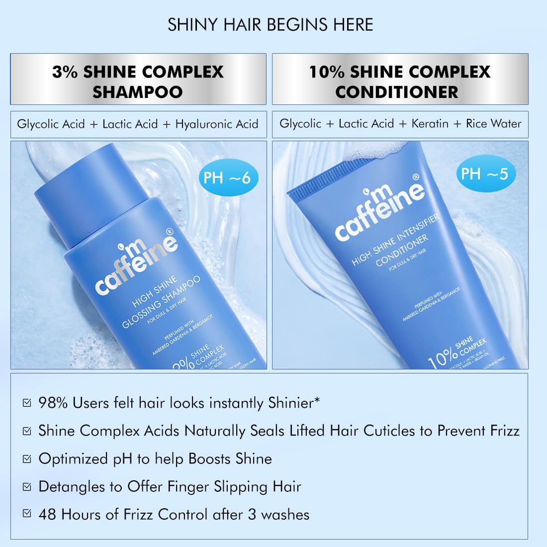 mcaffeine Glass Hair Wash Duo, Glossy Hair Shampoo 250ml + Shine Intensifier Conditioner 200g, Shine Complex with Glycolic & 