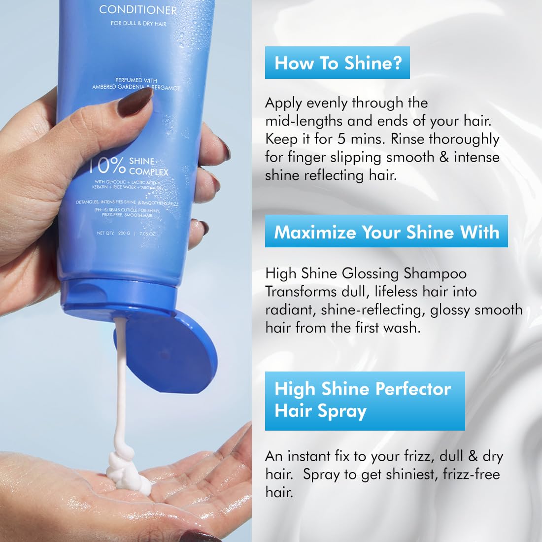mCaffeine Glossy Hair Conditioner with 10% Shine Complex, 200ml, Glycolic Acid & Hydrolyzed Keratin, Unisex - close-up detail