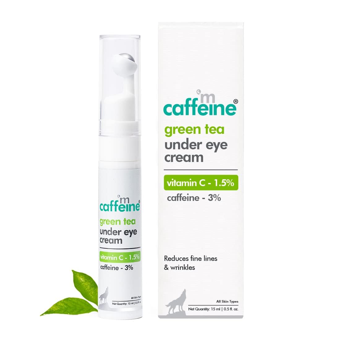 mcaffeine Green Tea Under Eye Cream with 3% Caffeine, 1.5% Vitamin C, Peptides, 15ml, Steel Ball Applicator, Unisex