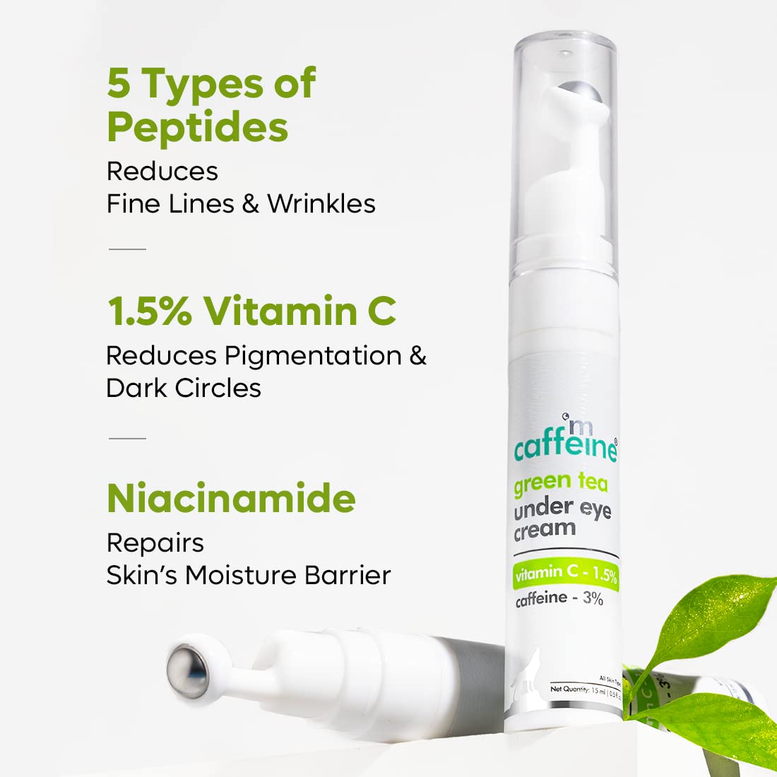 mcaffeine Green Tea Under Eye Cream with 3% Caffeine, 1.5% Vitamin C, Peptides, 15ml, Steel Ball Applicator, Unisex - packagi