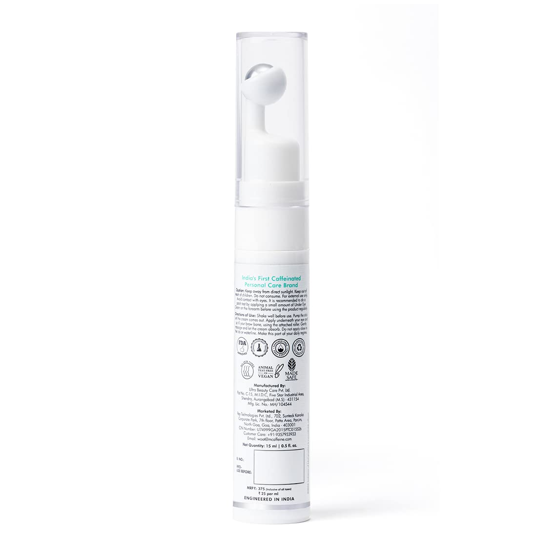mcaffeine Green Tea Under Eye Cream with 3% Caffeine, 1.5% Vitamin C, Peptides, 15ml, Steel Ball Applicator, Unisex - in use