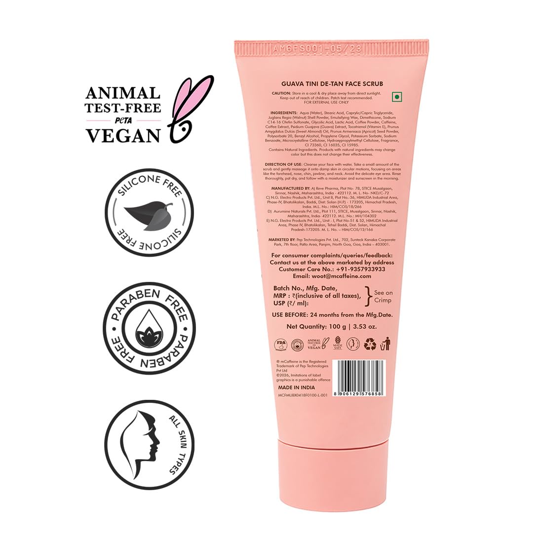 mcaffeine Guava Tini Face Scrub, 100g, Unisex, Physical & Chemical Exfoliants, PETA Certified - size and scale