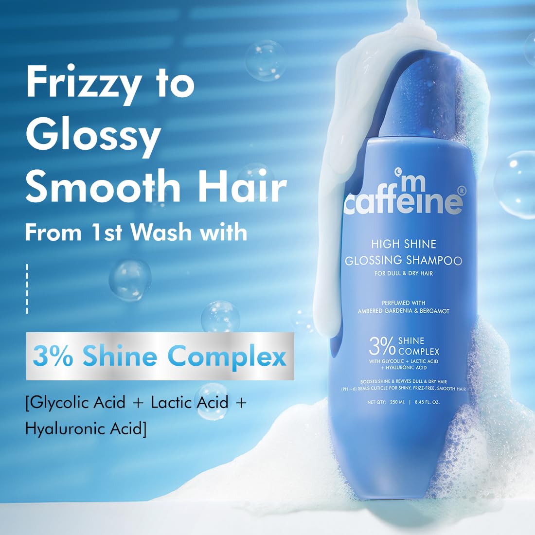 mcaffeine High Shine Glossy Hair Shampoo, 250ml, 3% Shine Complex with Glycolic Acid & Hyaluronic Acid, Unisex - front view