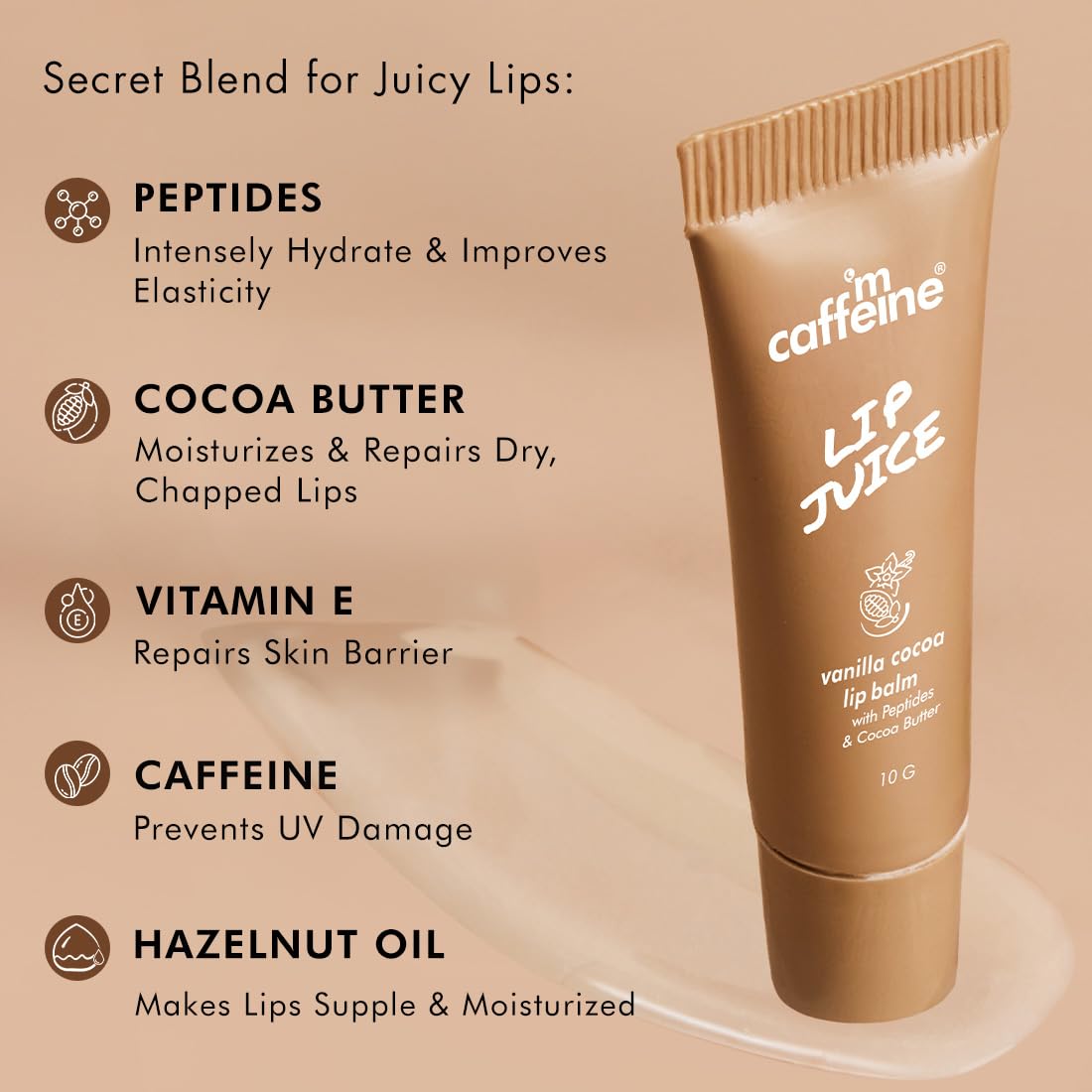 mCaffeine Lip Juice Tinted Lip Balm - Berry Blush | 24 hrs Moisturization | With Peptides, Cocoa Butter & Vitamin E | Dry & C