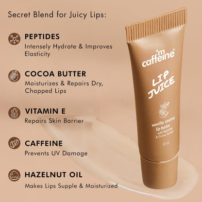 mCaffeine Lip Juice Tinted Lip Balm - Berry Blush | 24 hrs Moisturization | With Peptides, Cocoa Butter & Vitamin E | Dry & C