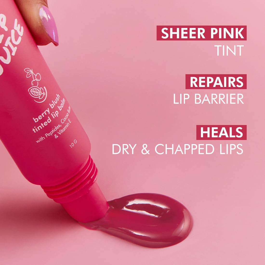 mCaffeine Lip Juice Tinted Lip Balm - Berry Blush | 24 hrs Moisturization | With Peptides, Cocoa Butter & Vitamin E | Dry & C