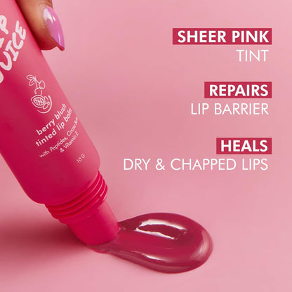 mCaffeine Lip Juice Tinted Lip Balm - Berry Blush | 24 hrs Moisturization | With Peptides, Cocoa Butter & Vitamin E | Dry & C