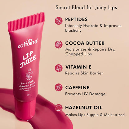 mCaffeine Lip Juice Tinted Lip Balm - Berry Blush | 24 hrs Moisturization | With Peptides, Cocoa Butter & Vitamin E | Dry & C