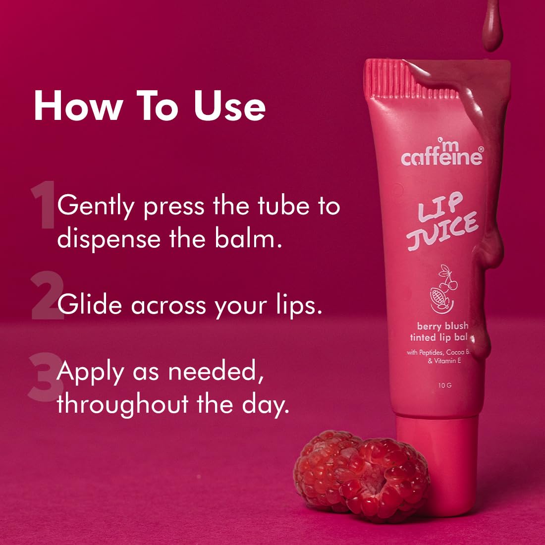 mCaffeine Lip Juice Tinted Lip Balm - Berry Blush | 24 hrs Moisturization | With Peptides, Cocoa Butter & Vitamin E | Dry & C