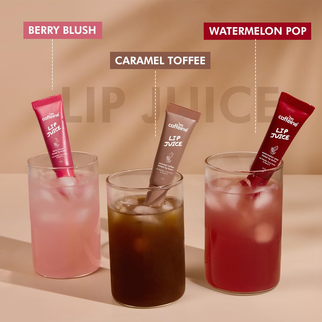 mCaffeine Lip Juice Tinted Lip Balm - Berry Blush | 24 hrs Moisturization | With Peptides, Cocoa Butter & Vitamin E | Dry & C