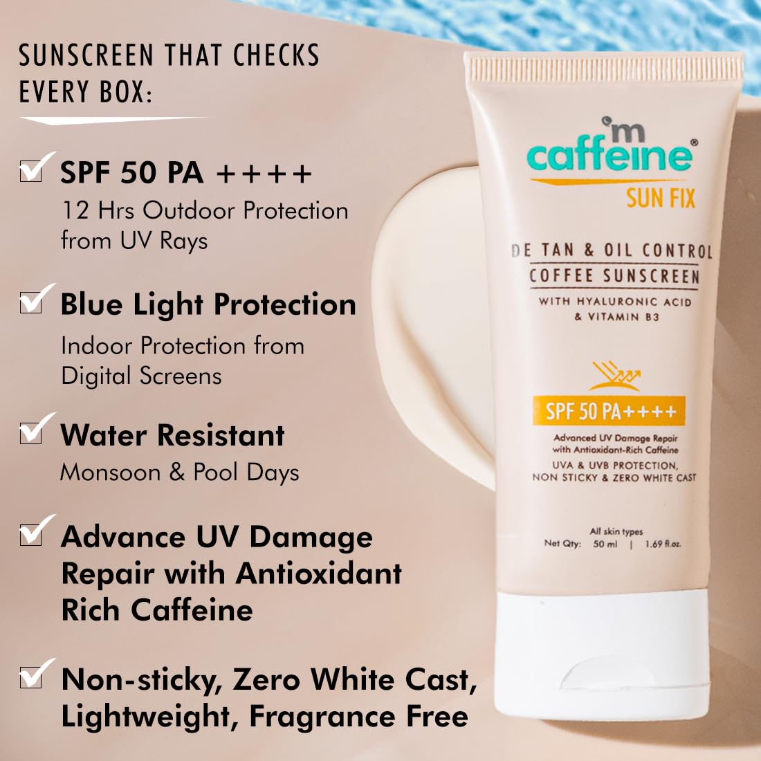 mcaffeine Matte Sunscreen SPF 50, 50ml Gel Cream, Water Resistant, Zero White Cast, Unisex for All Skin Types - packaging