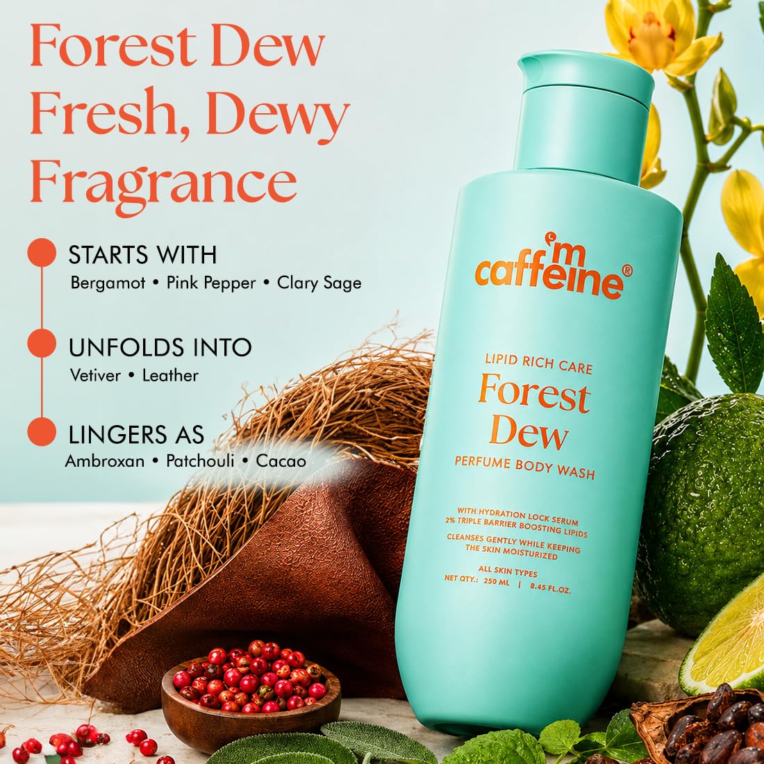 mcaffeine Milky Body Wash Gel with Glycerin, Betaine, Lipids, Coconut Oil, 250ml, Forest Dew Fragrance, Unisex, Adult - label