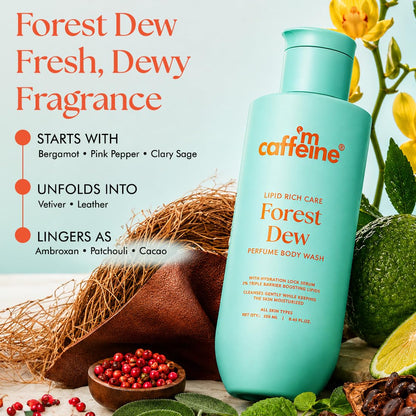 mcaffeine Milky Body Wash Gel with Glycerin, Betaine, Lipids, Coconut Oil, 250ml, Forest Dew Fragrance, Unisex, Adult - label