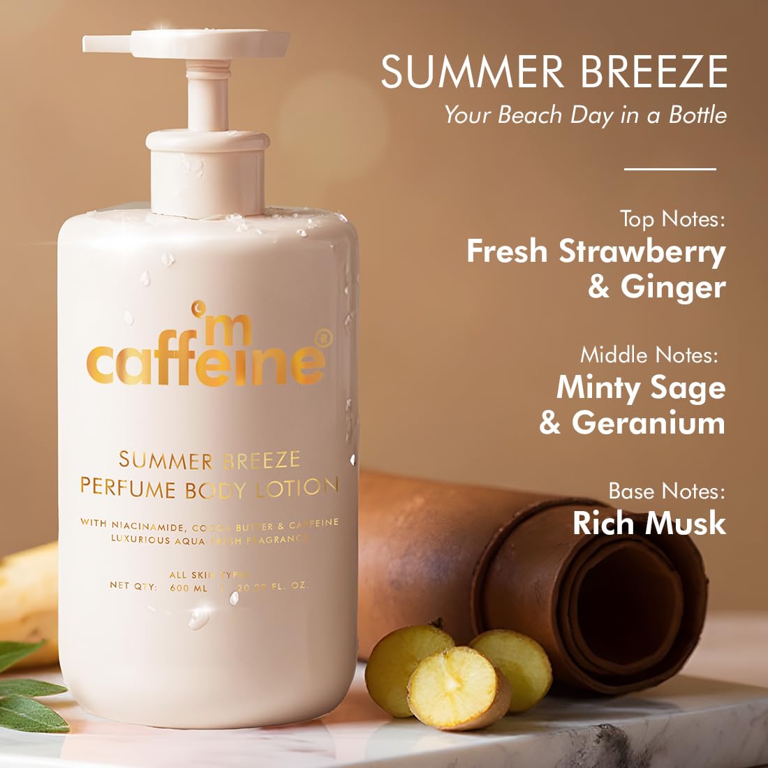 mCaffeine Perfume Body Lotion, 300ml, Niacinamide, Cocoa Butter, Shea Butter, Aquatic Beachy Scent - back view (12)