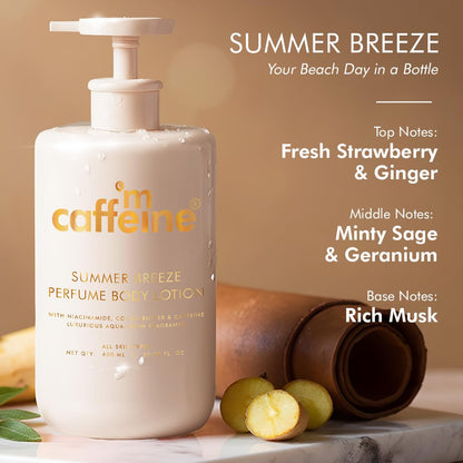 mCaffeine Perfume Body Lotion, 300ml, Niacinamide, Cocoa Butter, Shea Butter, Aquatic Beachy Scent - back view (12)