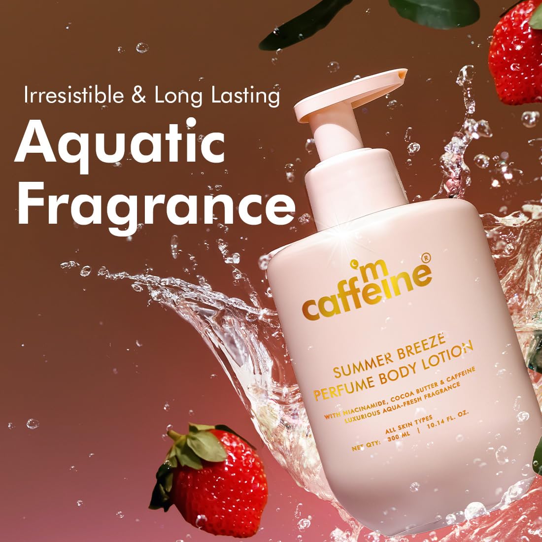 mCaffeine Perfume Body Lotion, 300ml, Niacinamide, Cocoa Butter, Shea Butter, Aquatic Beachy Scent - packaging